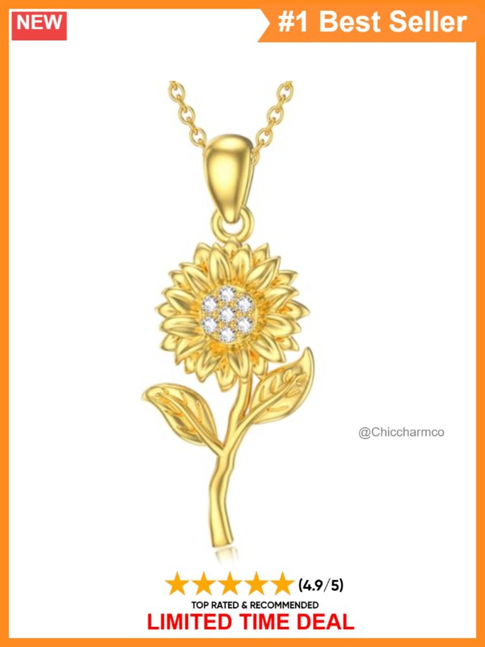 14K Real Gold Sunflower Pendant Necklace for Women